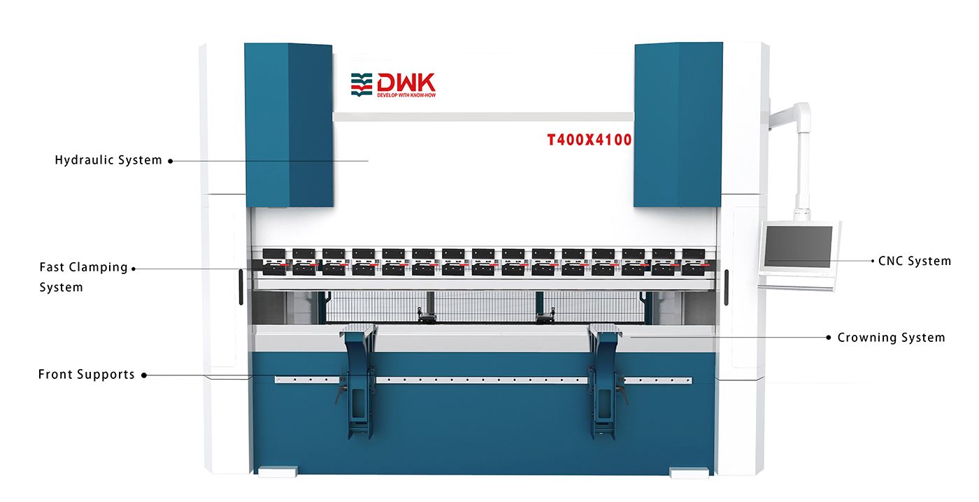 Front view of the T400x4100 High-Precision Hydraulic Press Brake showing heavy-duty frame and precise tooling