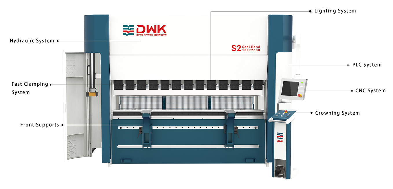 Front view of the S2 100-2600 Hydraulic CNC Press Brake highlighting its heavy-duty closed-frame structure and 2600mm bending length for thin sheet metal processing